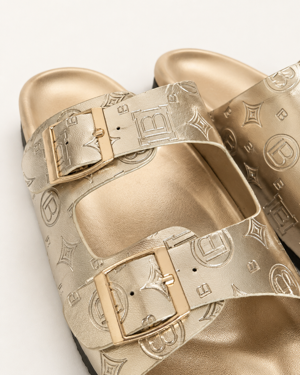Laura Biagiotti Women’s Metallic Gold Monogram Buckle Sandals – Size 40