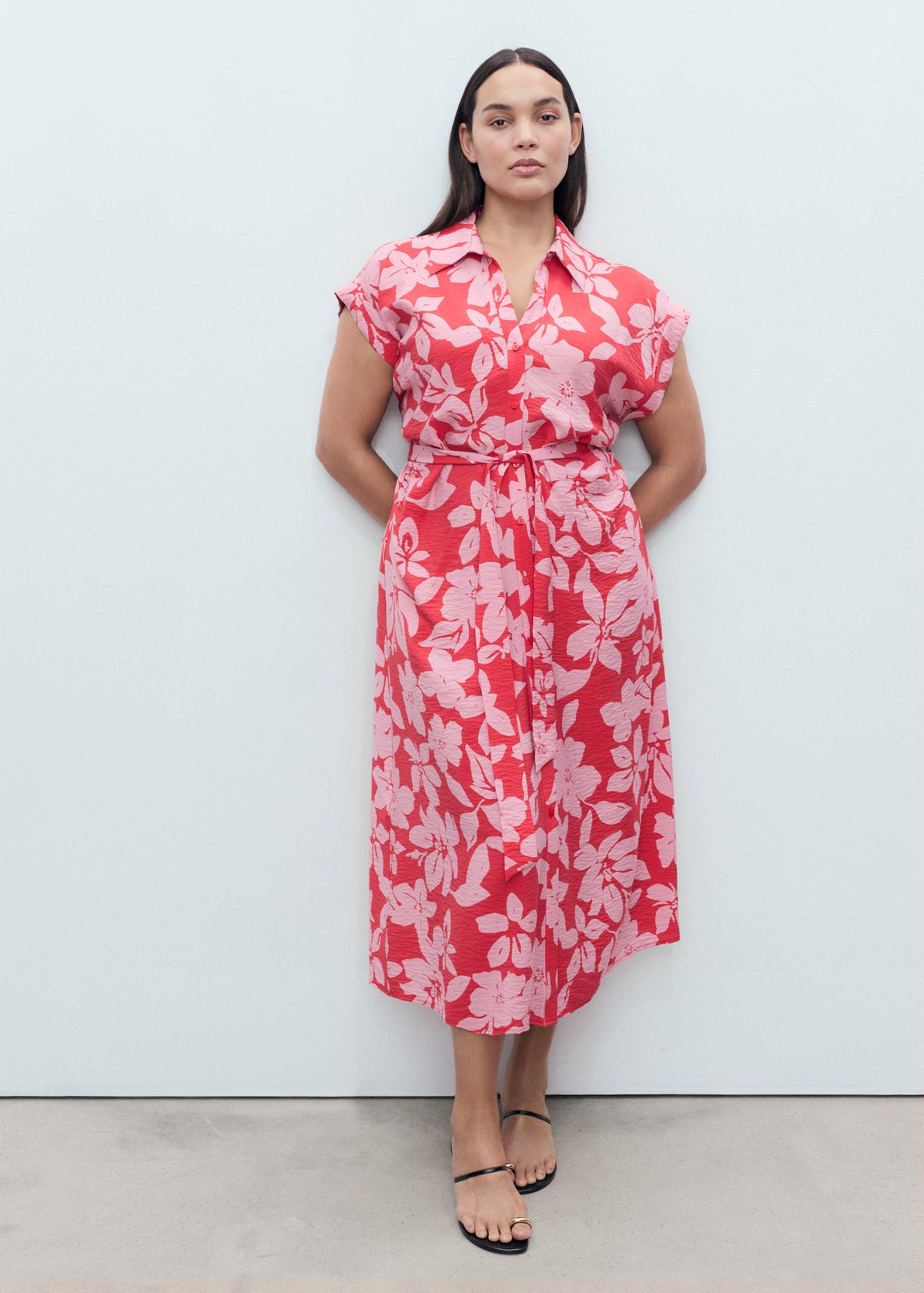 Mango Floral Print Midi Shirt Dress with Belt – Pink | Size M