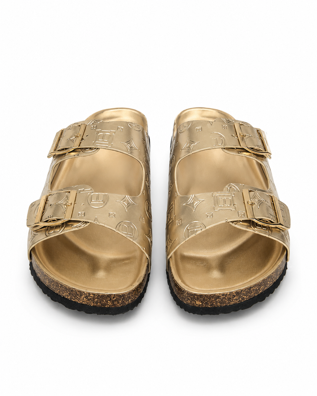 Laura Biagiotti Women’s Metallic Gold Monogram Buckle Sandals – Size 40