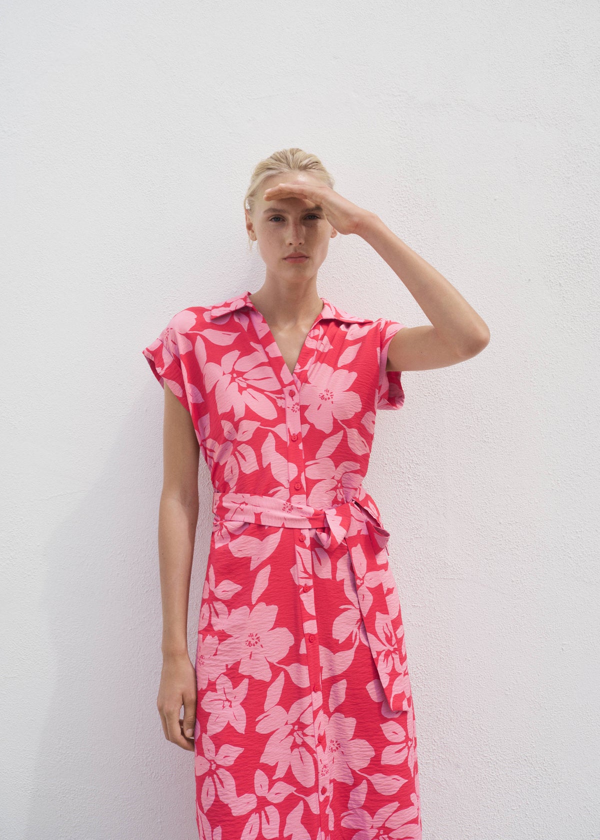 Mango Floral Print Midi Shirt Dress with Belt – Pink | Size M