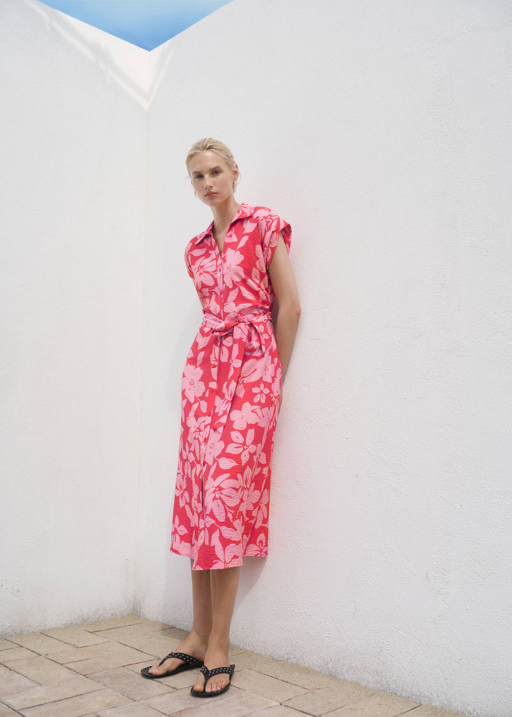 Mango Floral Print Midi Shirt Dress with Belt – Pink | Size M