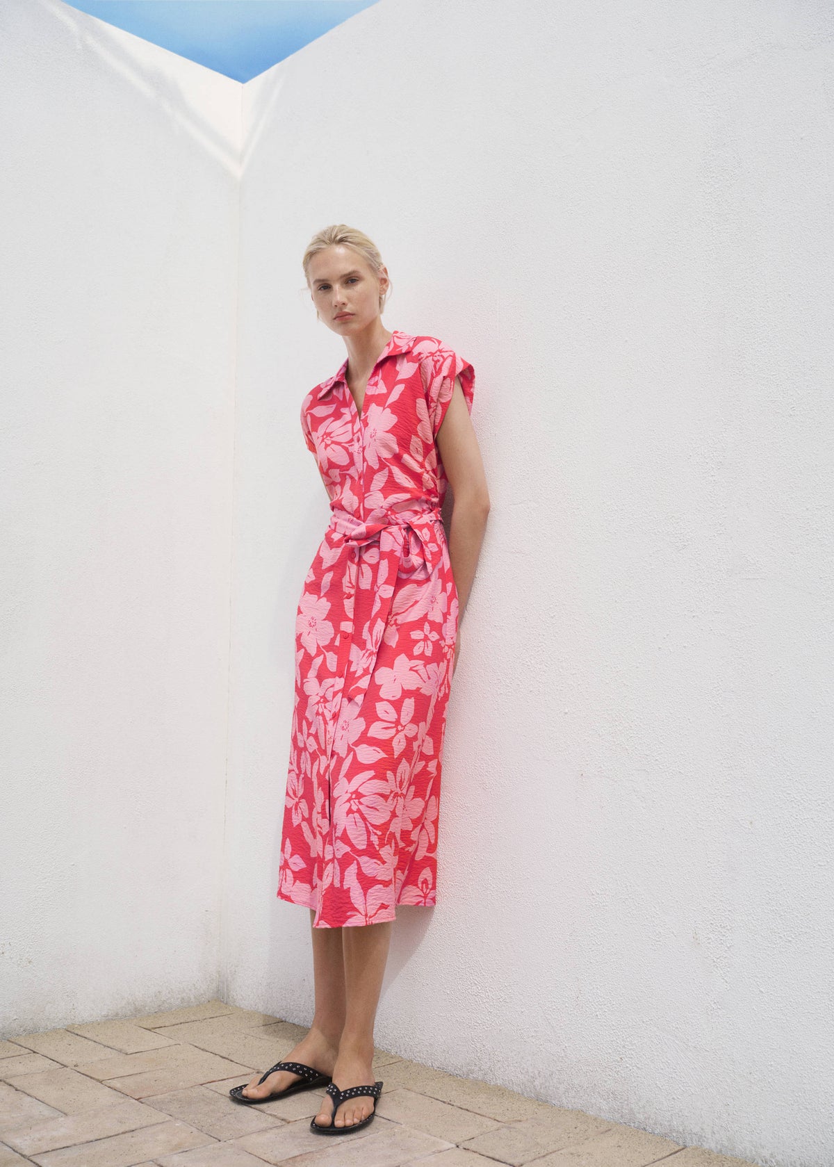 Mango Floral Print Midi Shirt Dress with Belt – Pink | Size M