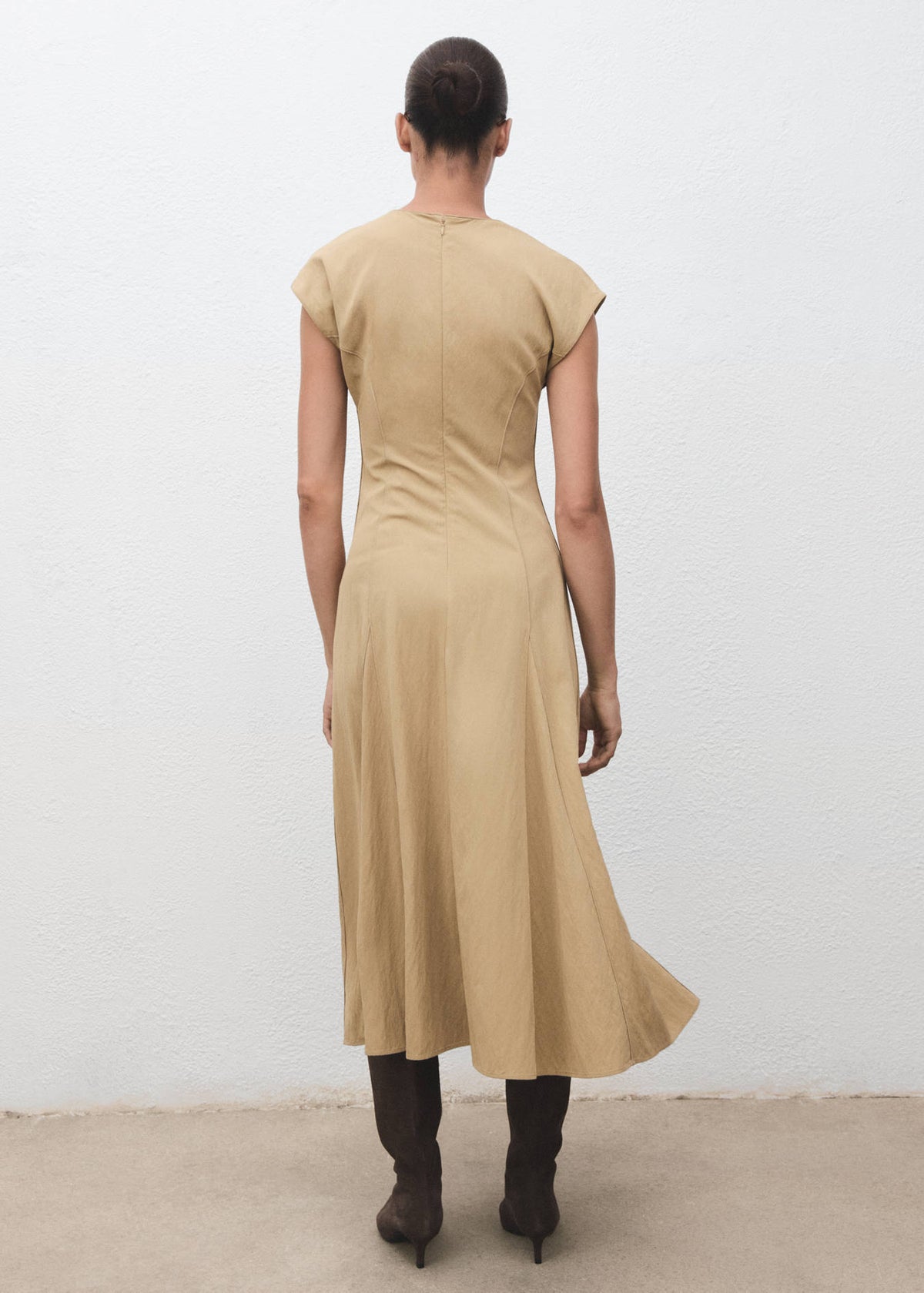 Mango Beige V-Neck Midi Dress – Size M