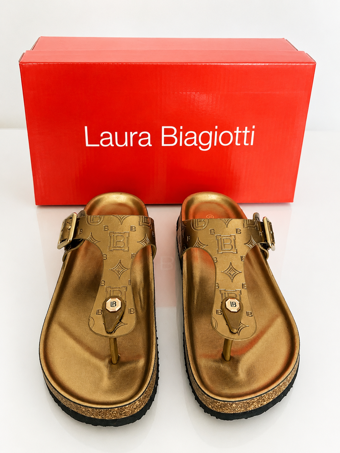 Laura Biagiotti Women’s Metallic Gold Monogram Thong Sandals – Size 39