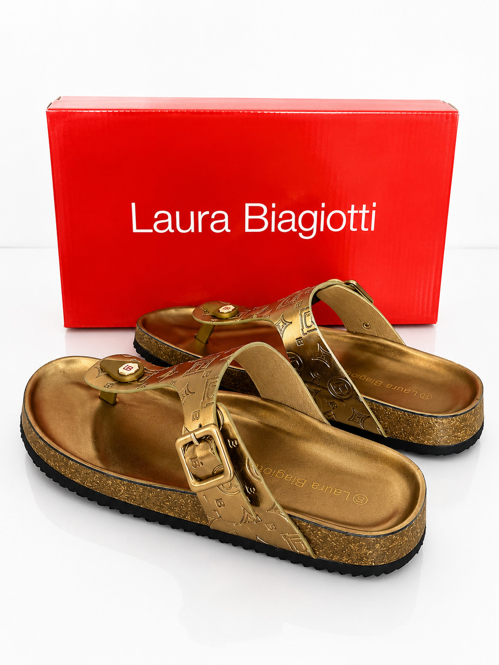 Laura Biagiotti Women’s Metallic Gold Monogram Thong Sandals – Size 39