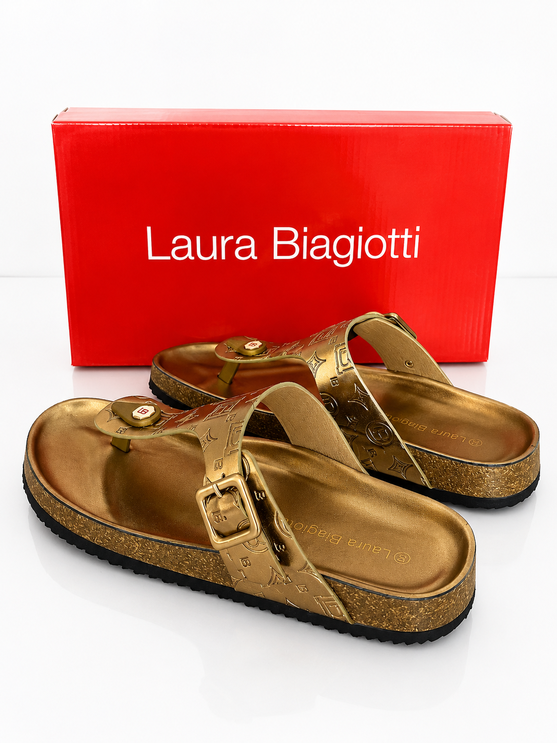 Laura Biagiotti Women’s Metallic Gold Monogram Thong Sandals – Size 39