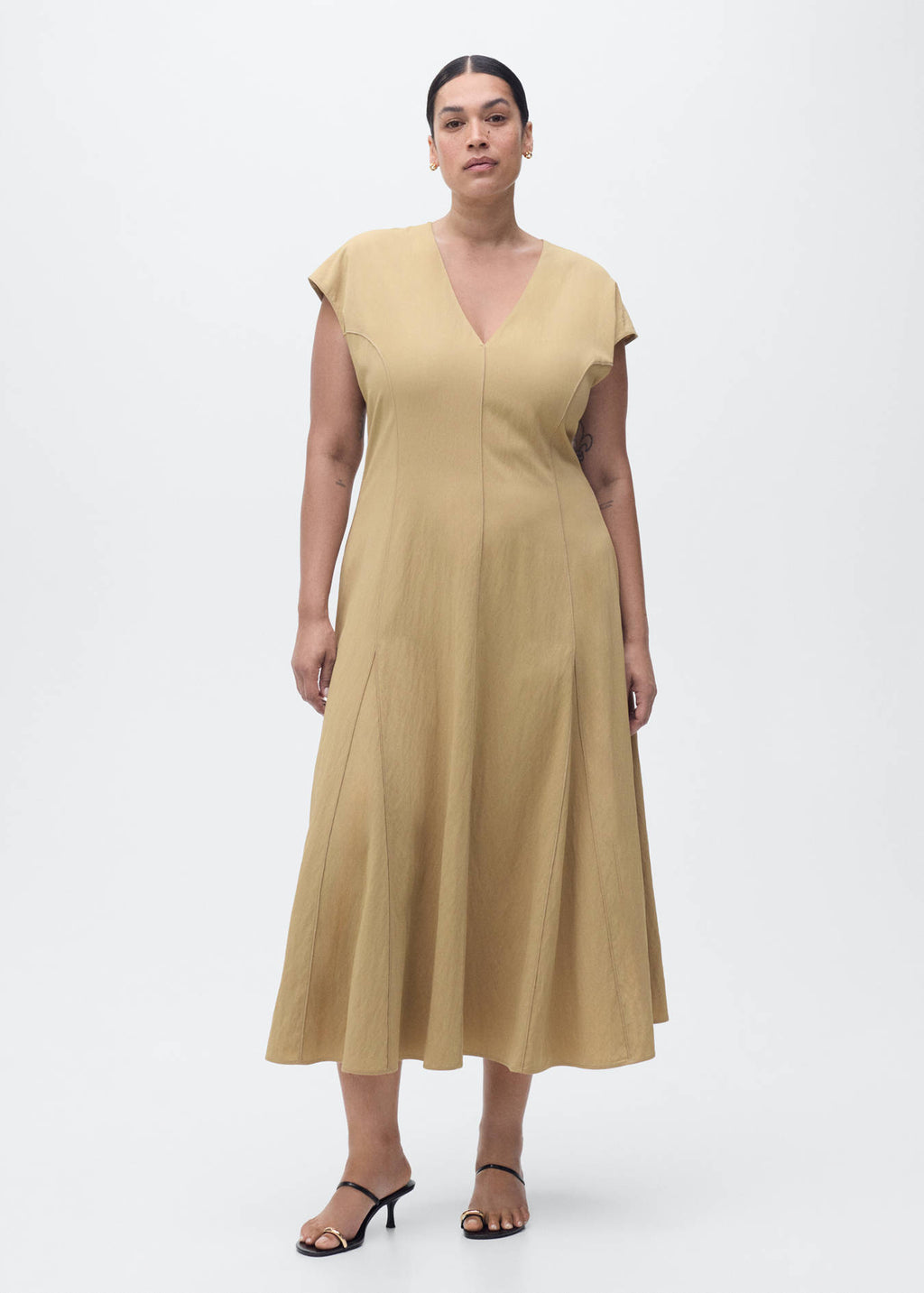 Mango Beige V-Neck Midi Dress – Size M