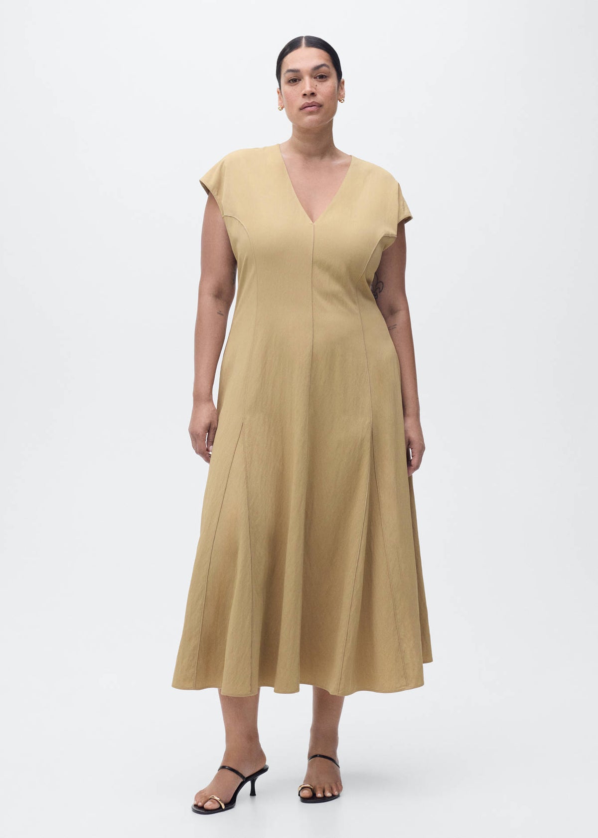 Mango Beige V-Neck Midi Dress – Size M