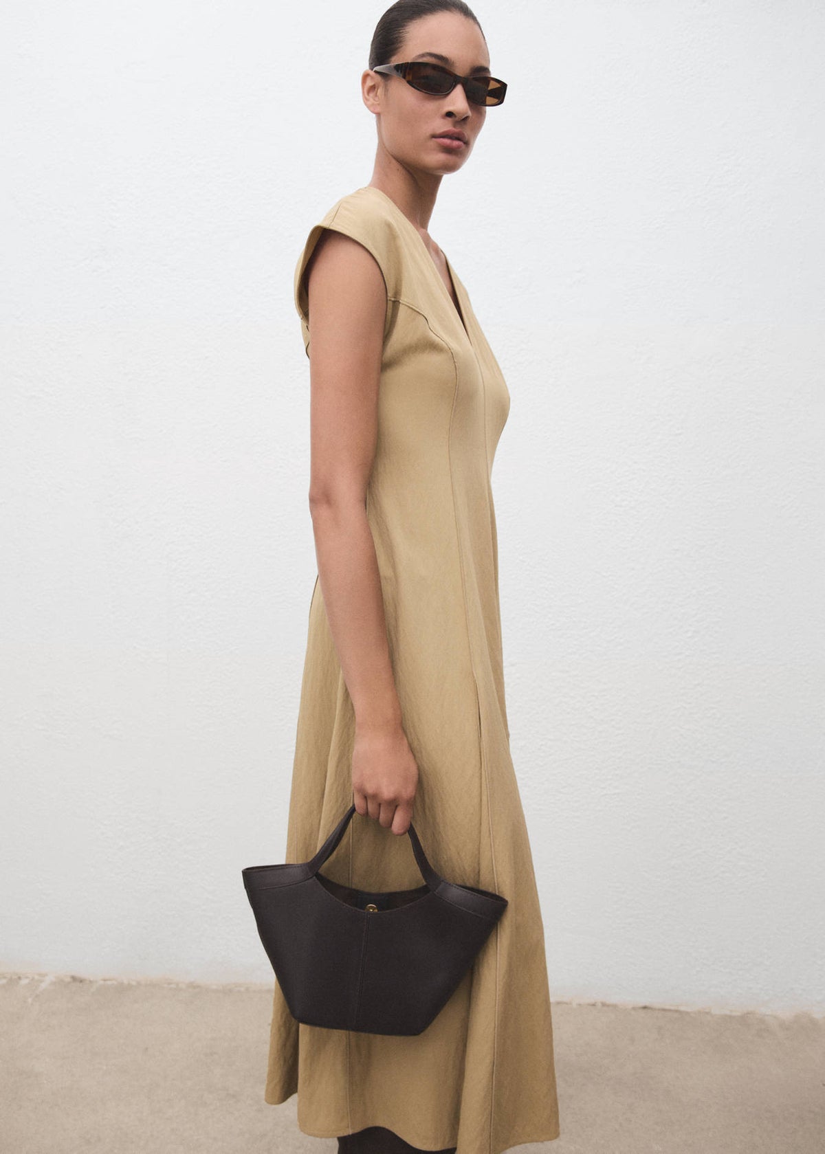Mango Beige V-Neck Midi Dress – Size M