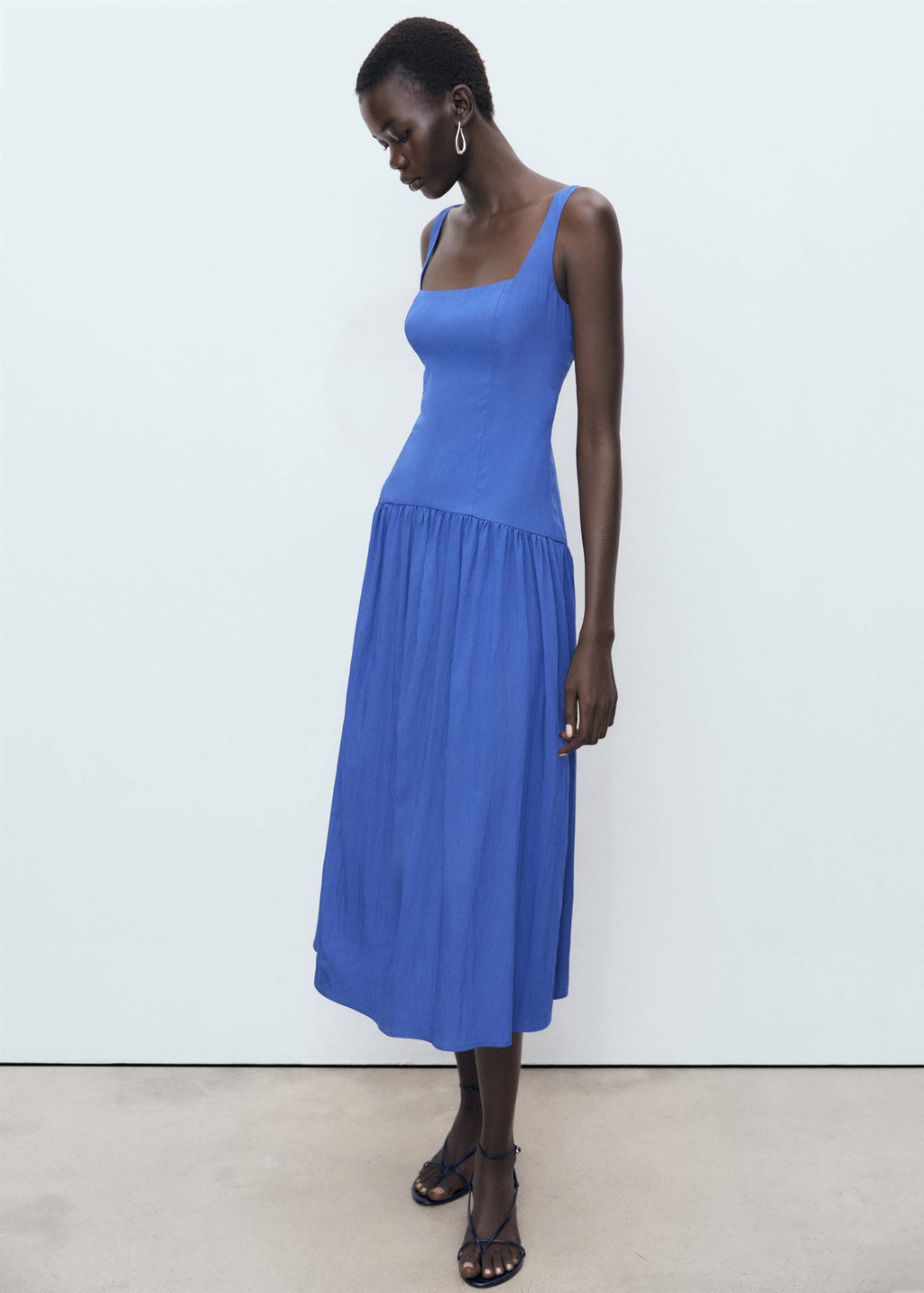 Mango Blue Cotton Midi Dress – A-Line