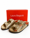 Laura Biagiotti Women’s Metallic Gold Monogram Buckle Sandals – Size 40