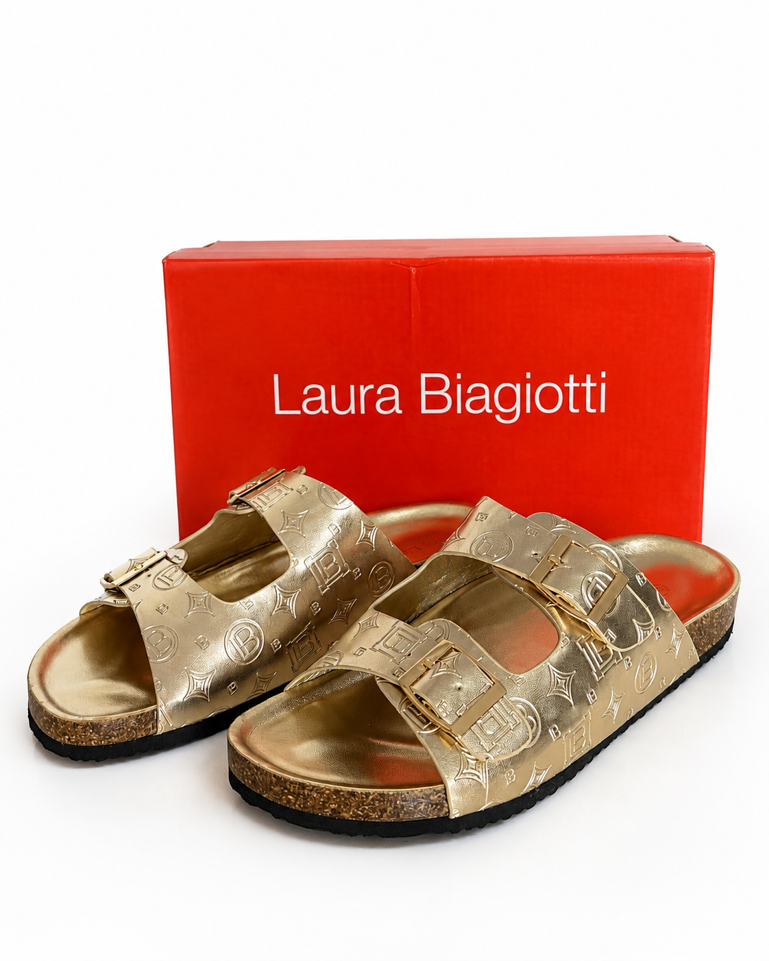 Laura Biagiotti Women’s Metallic Gold Monogram Buckle Sandals – Size 40
