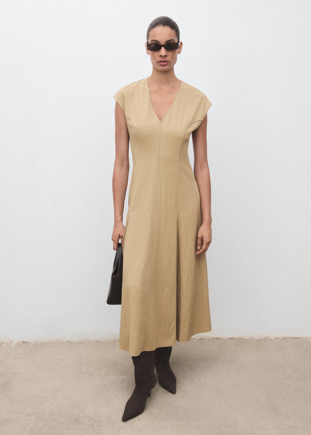 Mango Beige V-Neck Midi Dress – Size M