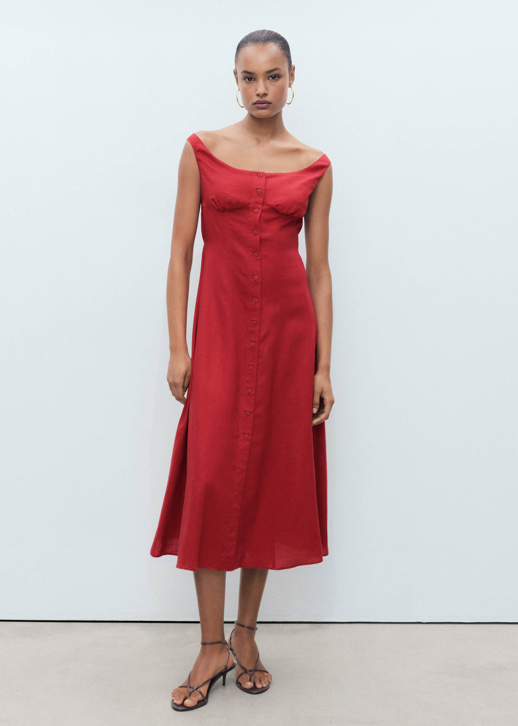 Mango Red Linen Blend Button Midi Dress – Size S