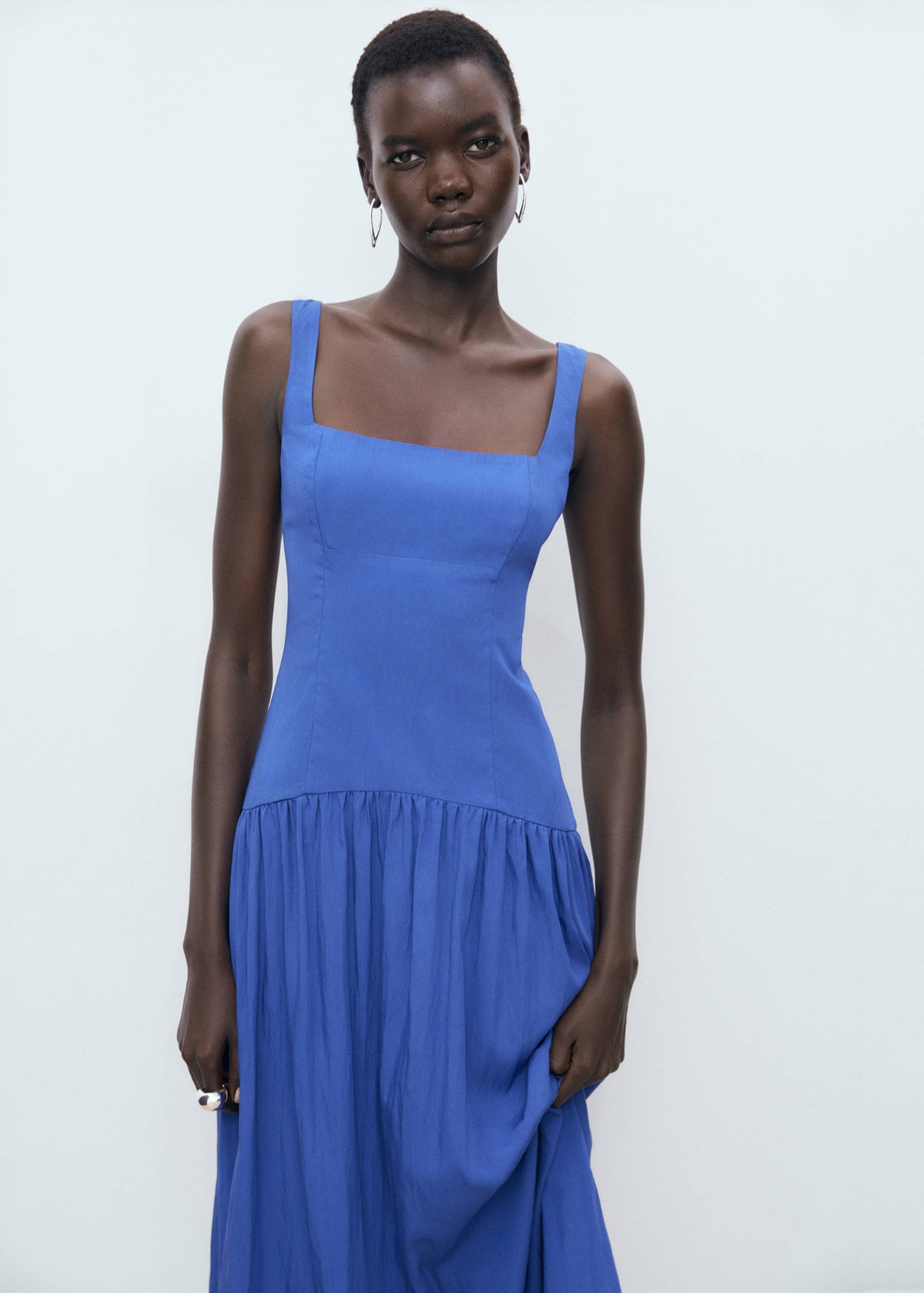 Mango Blue Cotton Midi Dress – A-Line