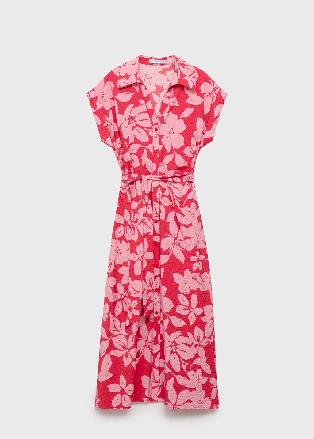 Mango Floral Print Midi Shirt Dress with Belt – Pink | Size M