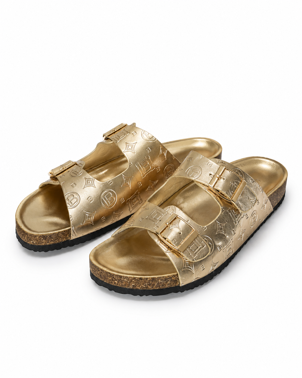 Laura Biagiotti Women’s Metallic Gold Monogram Buckle Sandals – Size 40