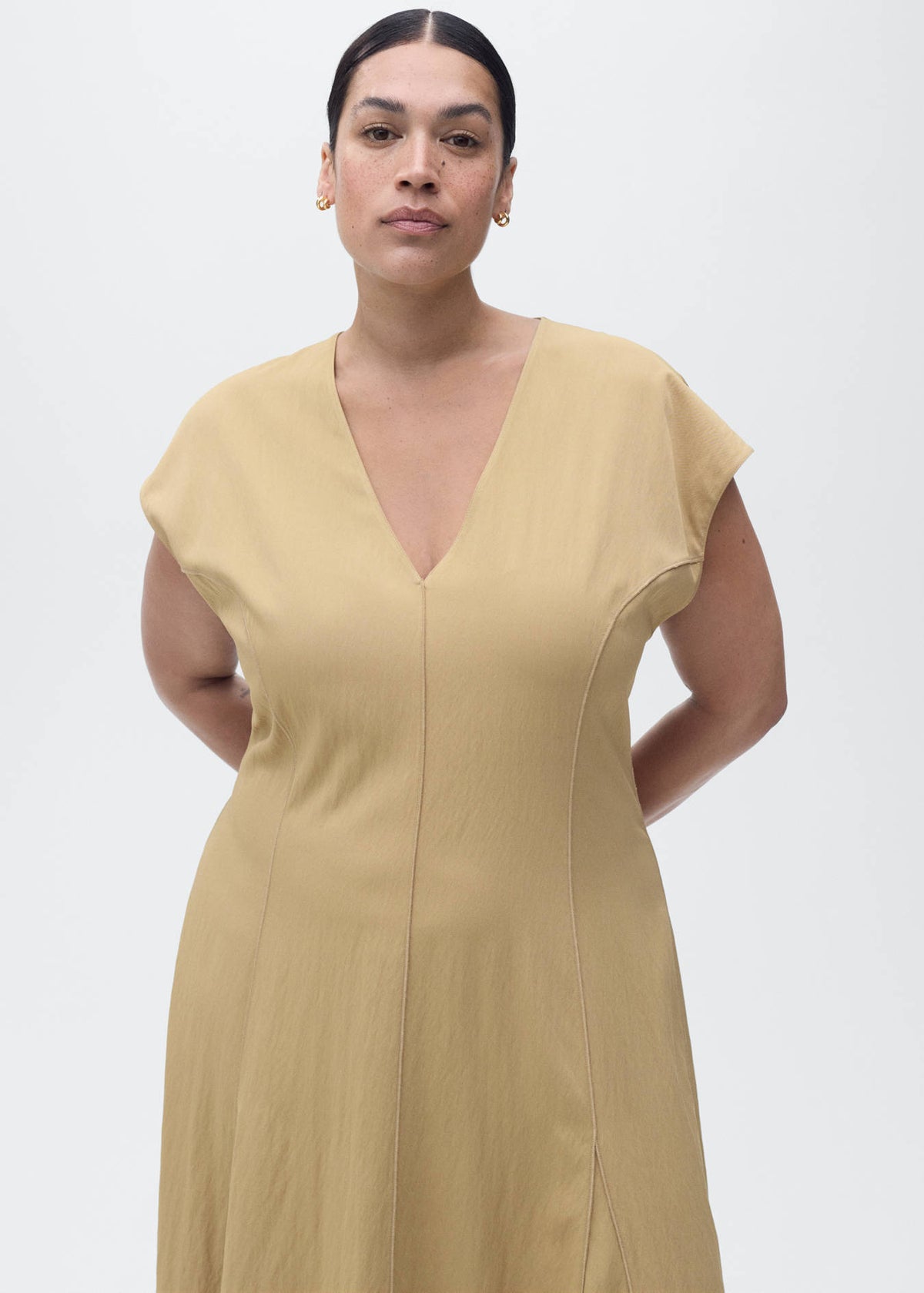 Mango Beige V-Neck Midi Dress – Size M