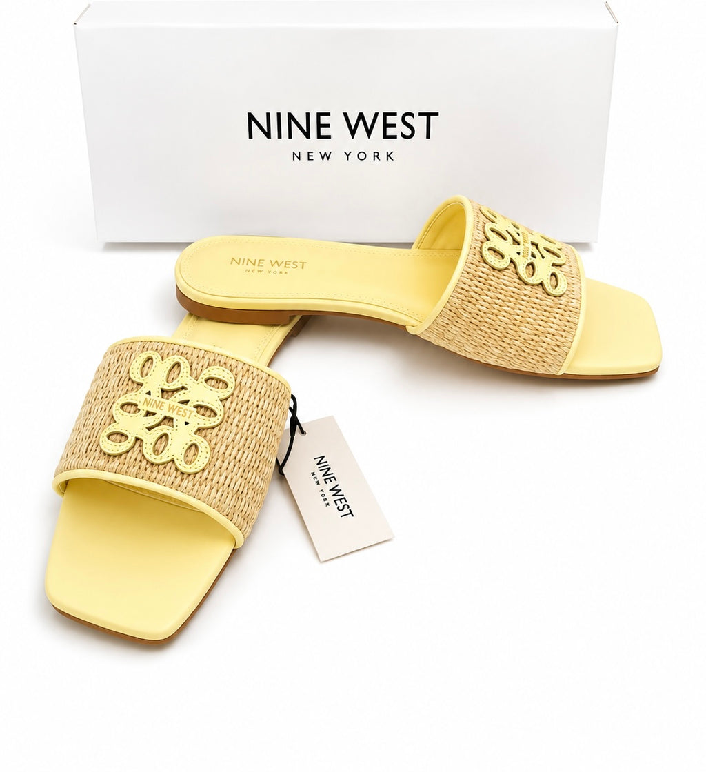 Nine West Women’s Pale Yellow Raffia Slide Sandals – Size 39