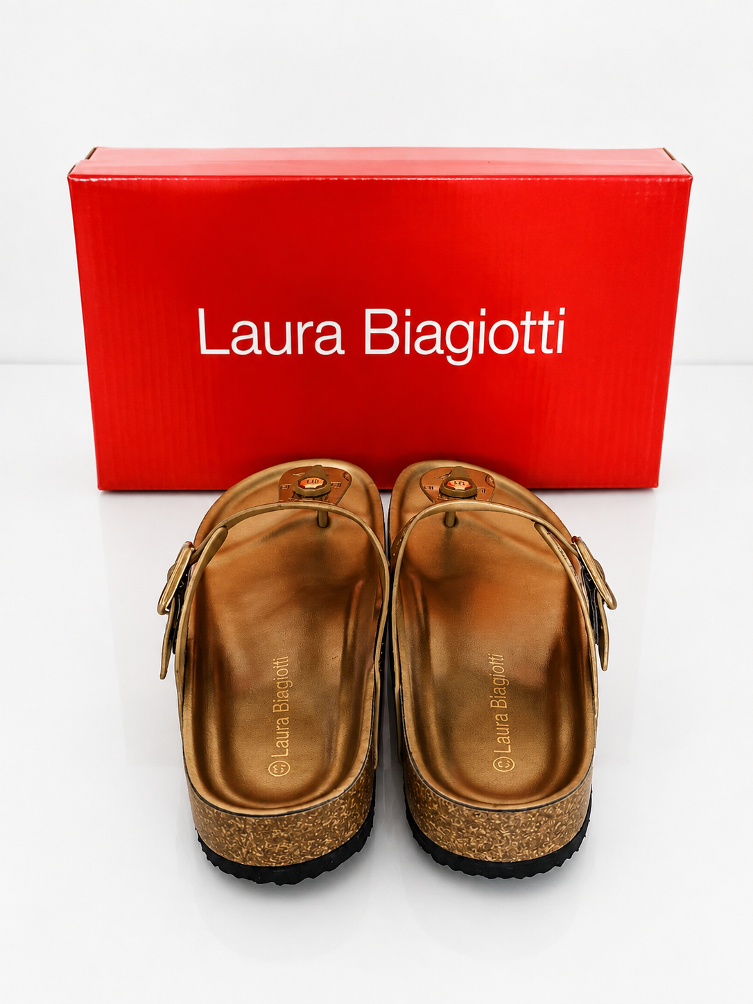 Laura Biagiotti Women’s Metallic Gold Monogram Thong Sandals – Size 39