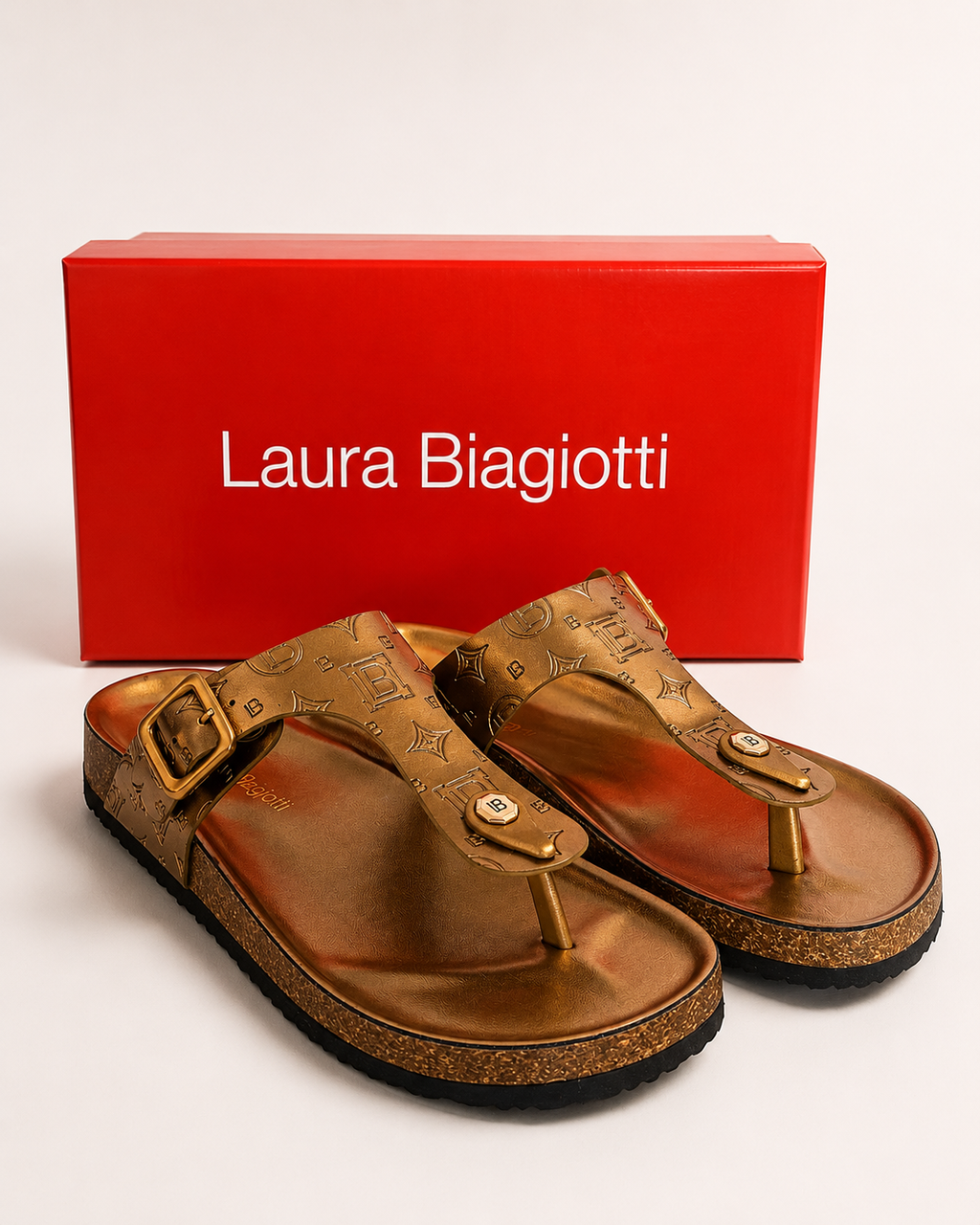 Laura Biagiotti Women’s Metallic Gold Monogram Thong Sandals – Size 39