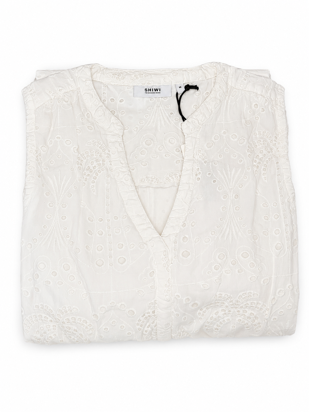 SHIWI Women’s White Embroidered Eyelet Blouse – Size M