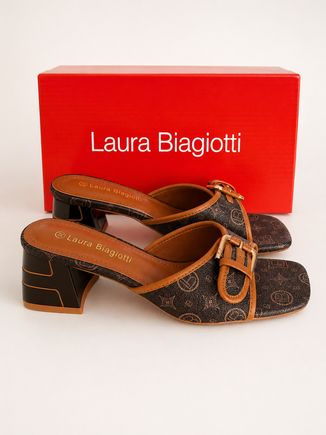 Laura Biagiotti Women’s Brown Monogram Heeled Mules – Size 39