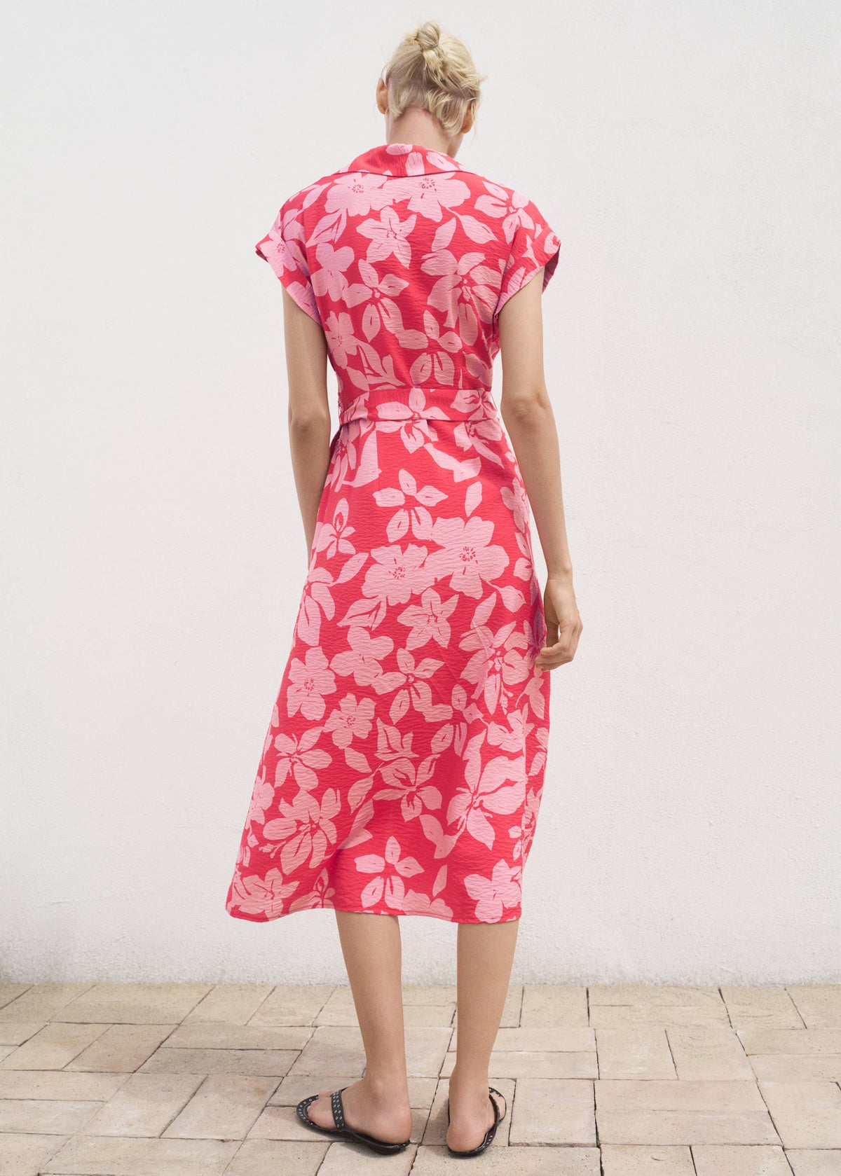 Mango Floral Print Midi Shirt Dress with Belt – Pink | Size M