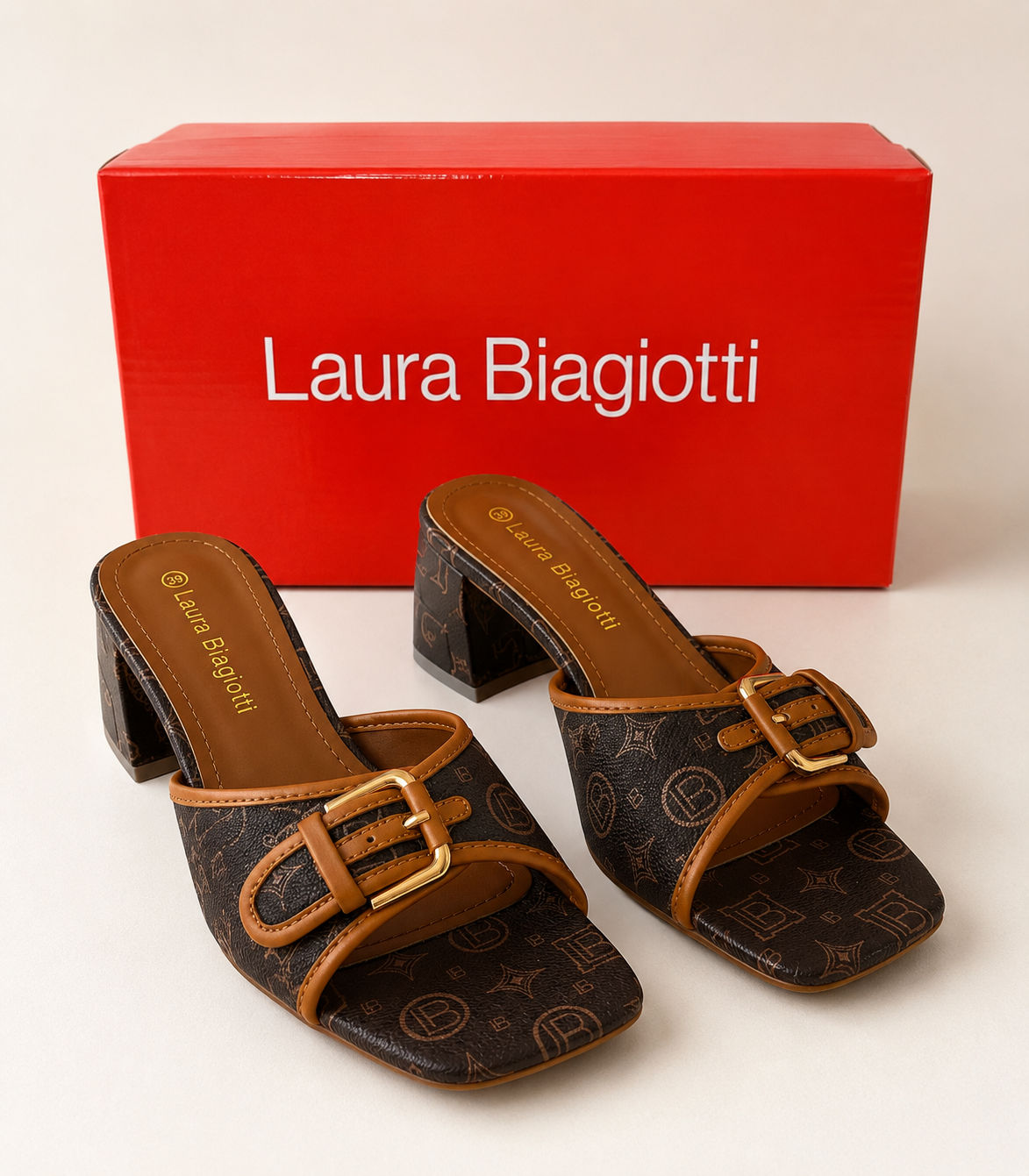 Laura Biagiotti Women’s Brown Monogram Heeled Mules – Size 39