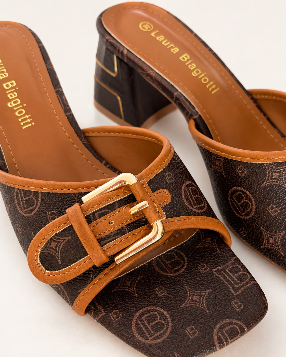 Laura Biagiotti Women’s Brown Monogram Heeled Mules – Size 39