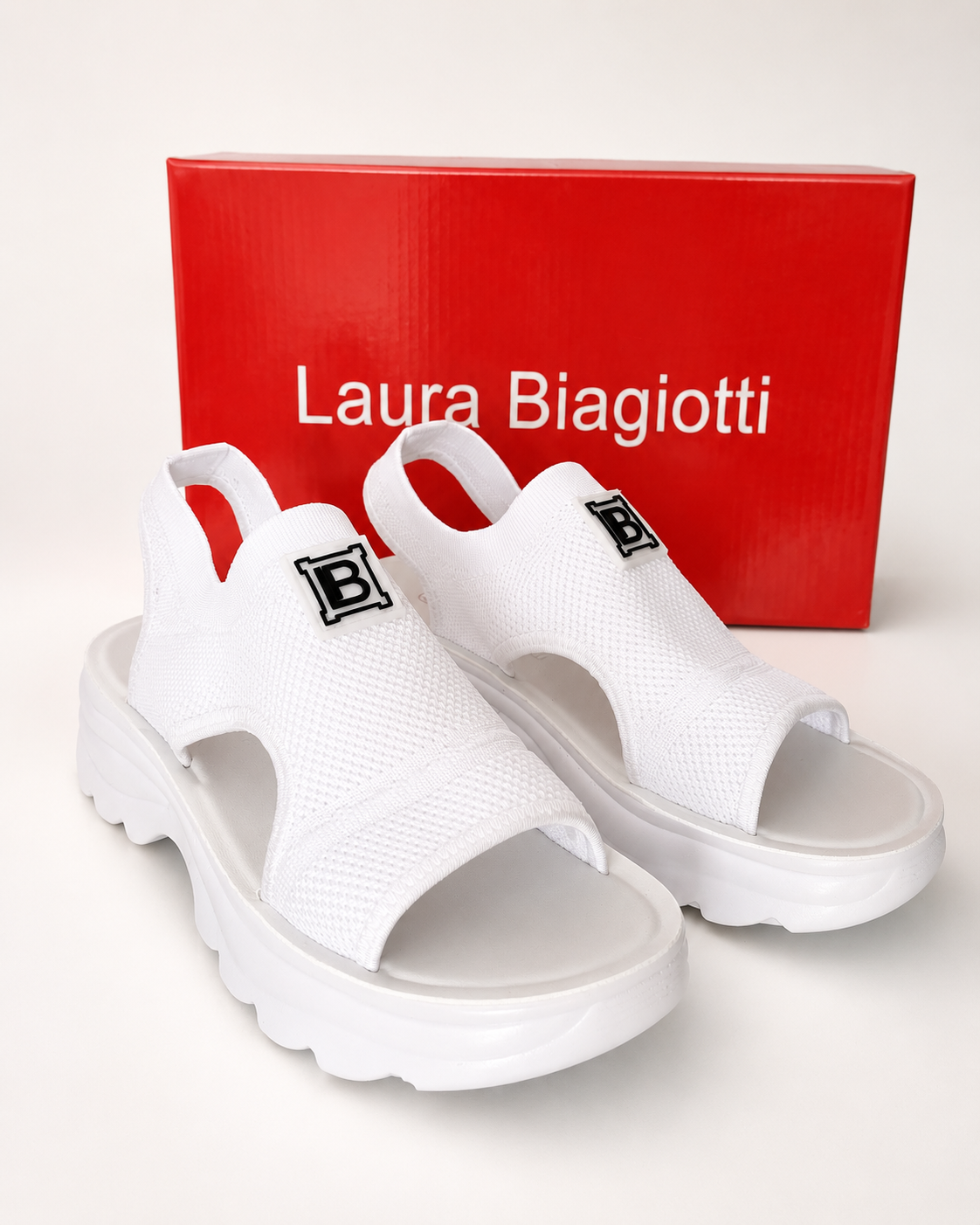 Laura Biagiotti Women’s White Textile Knit Platform Sandals – Size 39