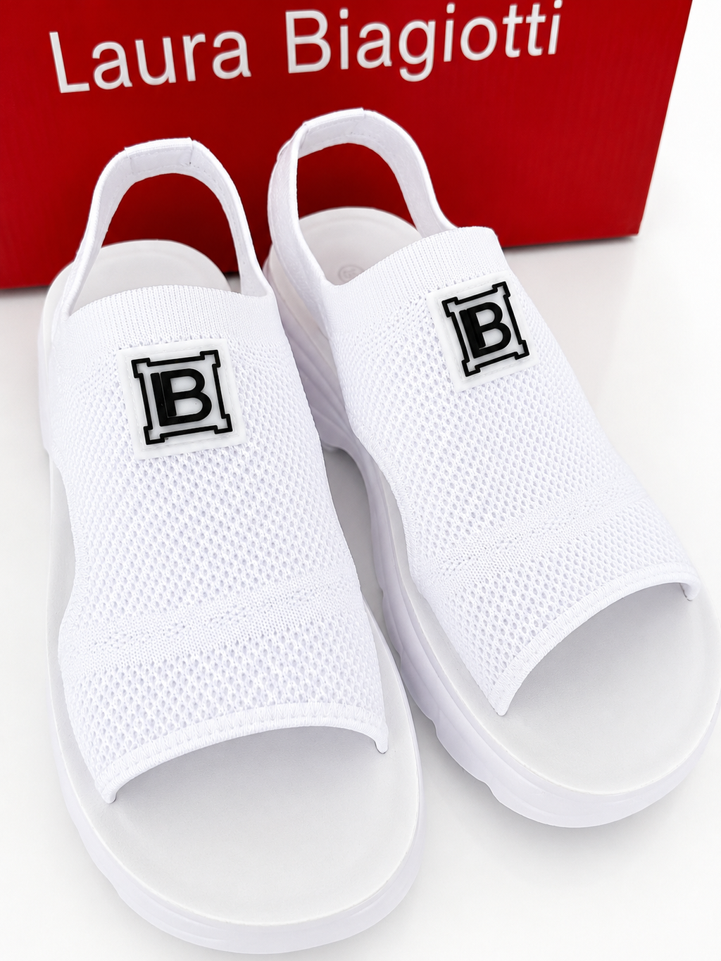 Laura Biagiotti Women’s White Textile Knit Platform Sandals – Size 39